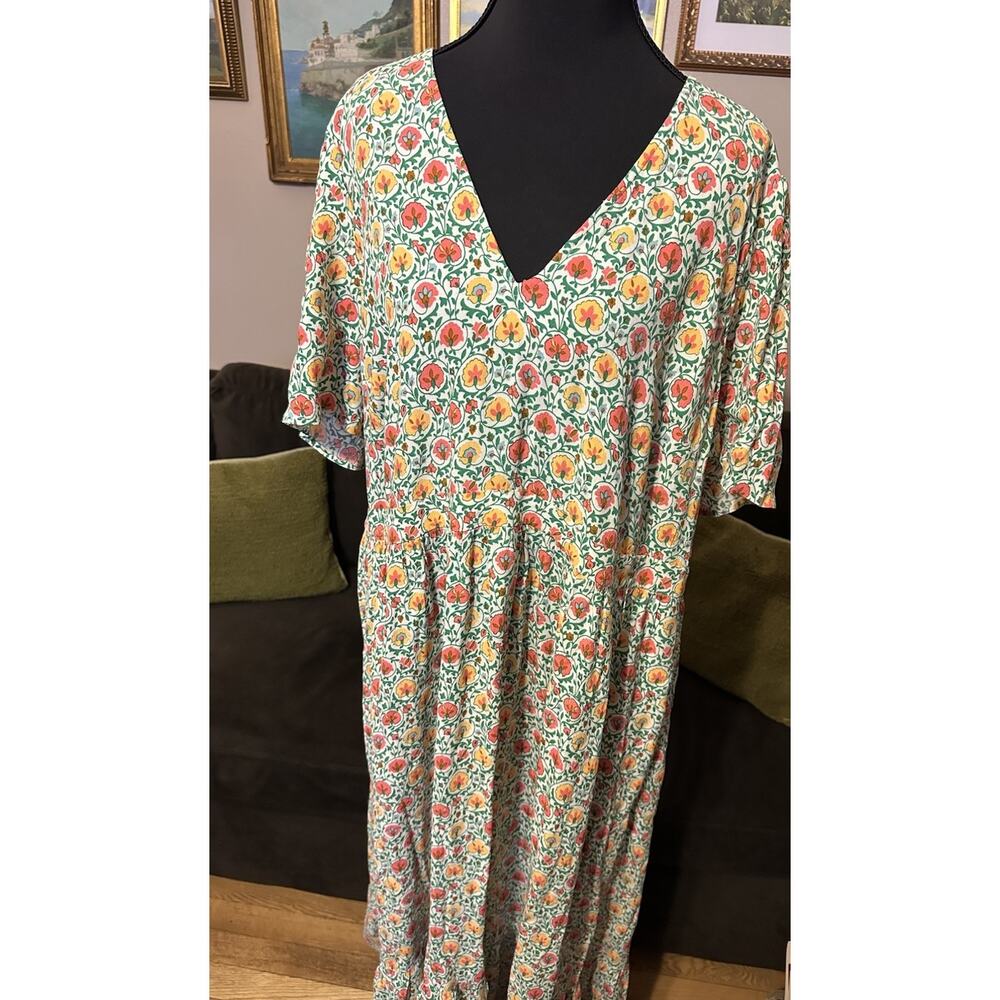 Boden Women Sz 20-22R Floral Crepe Short Sleeve Tiered Maxi Dress Cottagecore